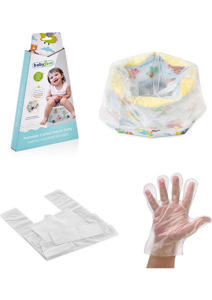 Babyjem Desenli Karton Seyahat Lazımlığı + 20 Adet Yedek Poşet + Şeffaf Eldiven 100 Adet