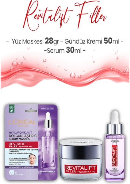 Loreal Paris Revitalift Filler Gündüz Kremi 50 ml, Serum 30 ml ve Maske 28 gr