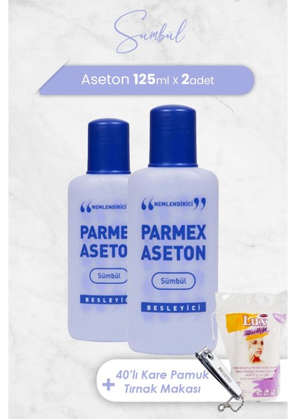 Aseton Sümbül Mor 125 ml x 2 Adet, Kare Pamuk 40'lı ve Tırnak Makası