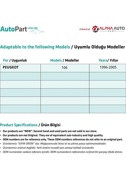 Alpha Auto Part Peugeot 106 Için Ön Sol Cam Tamir Seti