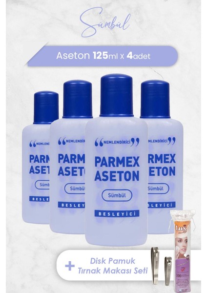 Aseton Sümbül Mor 125 Ml X 4 Adet, Disk Makyaj Pamuğu 100'Lü, Tırnak Makası Seti
