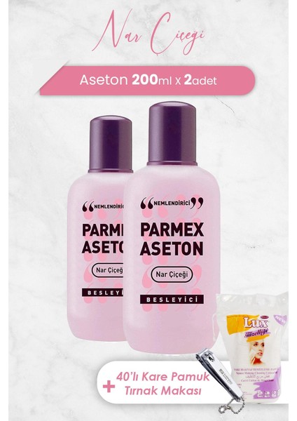 Pembe Nar Çiçeği Aseton 200 Ml X 2 Adet, Kare Pamuk 40' Lı Ve Tırnak Makası