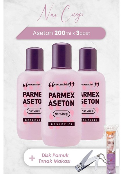 Pembe Nar Çiçeği Aseton 200 Ml X 3 Adet, Oval Pamuk 40' Lı Ve Tırnak Makası