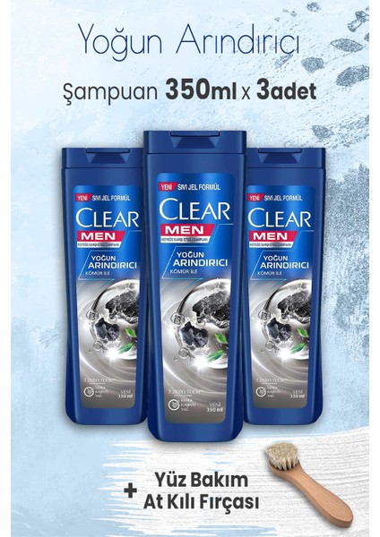 Men Şampuan Yoğun Arındırıcı Kömür Ile 350 Ml X 3 Adet Ve Yüz Bakım At Kılı Fırçası