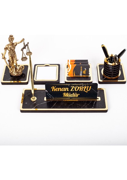Mermer Desenli Themis Biblolu Ahşap Masa Isimliği Avukat Isimlik
