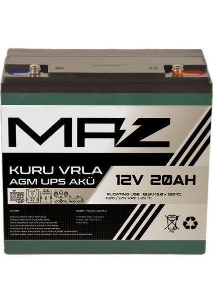 Maz Akü 12 Volt 20 Amper (Ah) Kuru Agm Vrla Güç Kaynağı Ups Akü