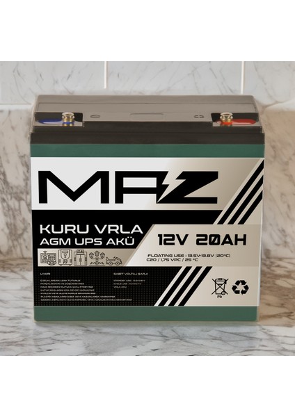 Maz Akü 12 Volt 20 Amper (Ah) Kuru Agm Vrla Güç Kaynağı Ups Akü