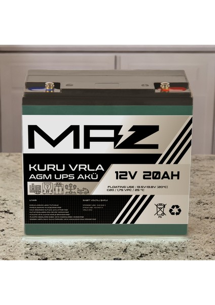 Maz Akü 12 Volt 20 Amper (Ah) Kuru Agm Vrla Güç Kaynağı Ups Akü