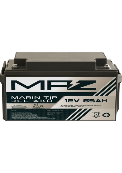 Maz Akü 12 Volt 65 Amper (Ah) Marin Jel VRLA Akü (Yat Tekne Akü)