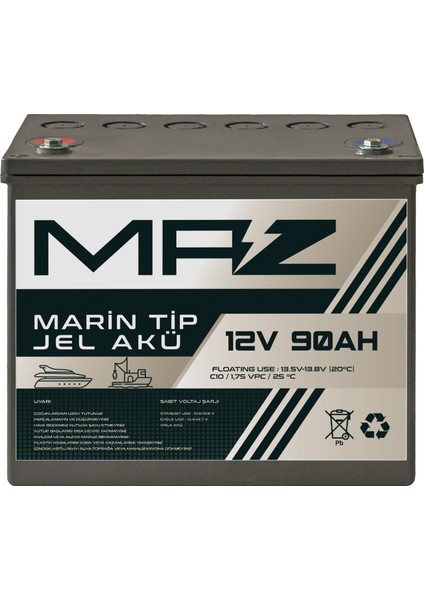 Maz Akü 12 Volt 90 Amper (Ah) Marin Jel VRLA Akü (Yat Tekne Akü)