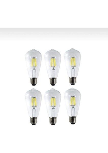 ST64 6W 6500K Beyaz LED Rustik 10'lu Paket Dekoratif Ampul Vintage Aydınatma ST64 Beyaz