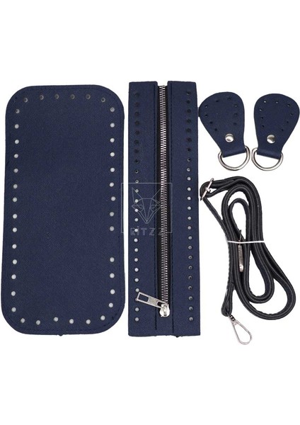 Suni Deri Fermuarlı Tabanlı Çanta Seti - Lacivert