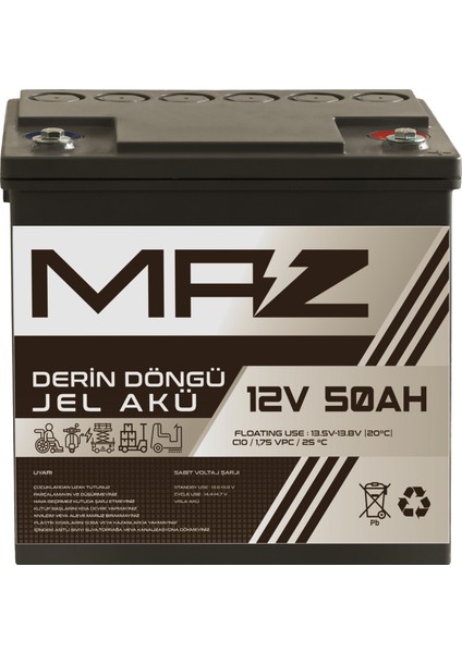 Maz Akü 12 Volt 50 Amper (Ah) Derin Döngü Jel Akü Max Performans