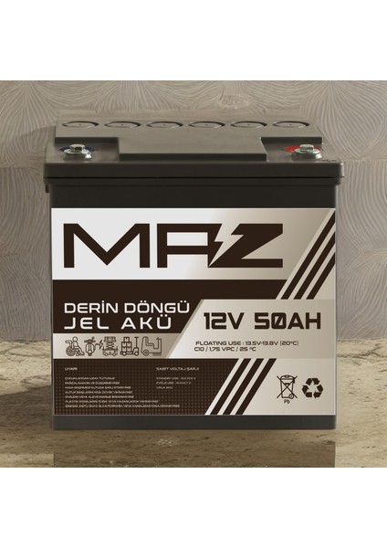 Maz Akü 12 Volt 50 Amper (Ah) Derin Döngü Jel Akü Max Performans