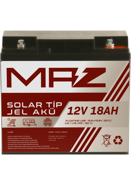 12 Volt 18 Amper (Ah) Solar Jel Akü (Güneş Paneli Akü)