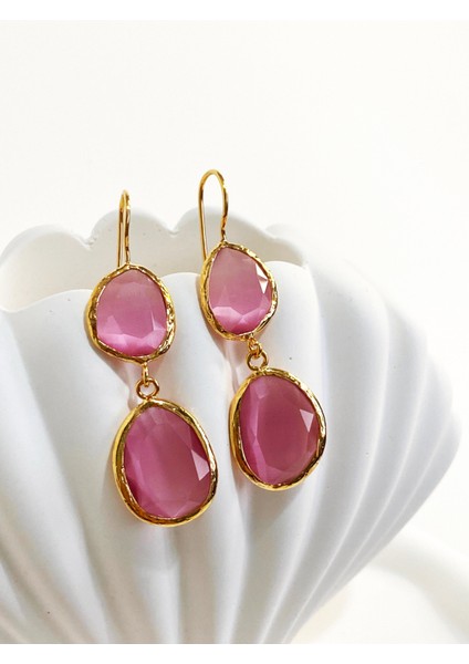 Özel Tasarım Altın Kaplama Pudra Kedi Gözü Taşlı Küpe