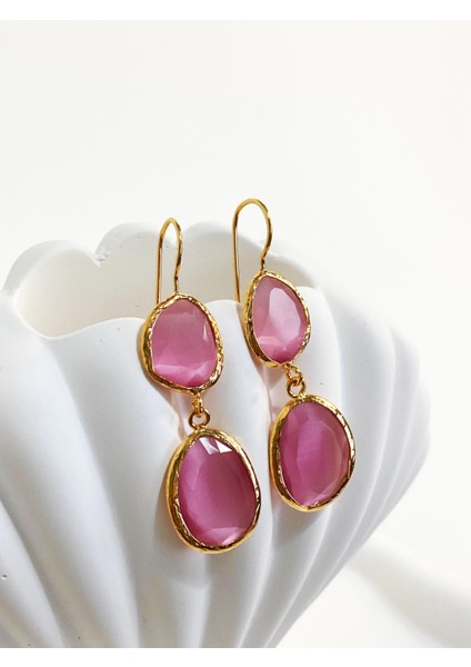 Özel Tasarım Altın Kaplama Pudra Kedi Gözü Taşlı Küpe modelleri