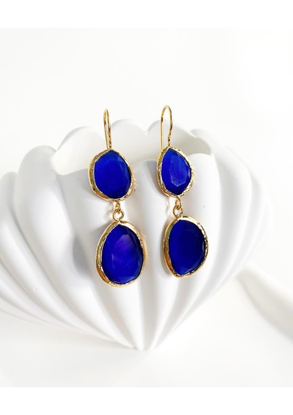 Özel Tasarım Altın Kaplama Lapis Kedi Gözü Taşlı Küpe