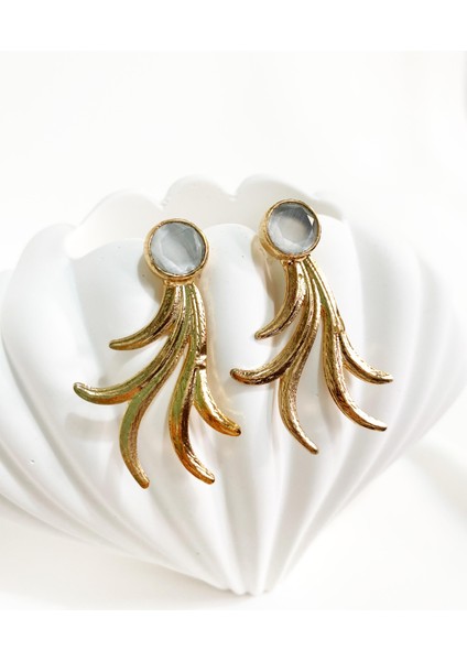 Özel Tasarım Altın Kaplama Gri Kedi Gözü Doğal Taşlı Rüzgar Küpe