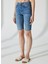 Yüksek Bel Slim Fit Indigo Kadın Denim Şort DT10360 Slim Fit Yüksek Bel Bermuda 3
