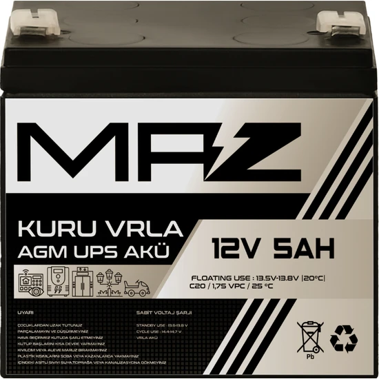 Maz Akü 12 Volt 5 Amper (Ah) Kuru Agm Vrla Güç Kaynağı Ups Akü