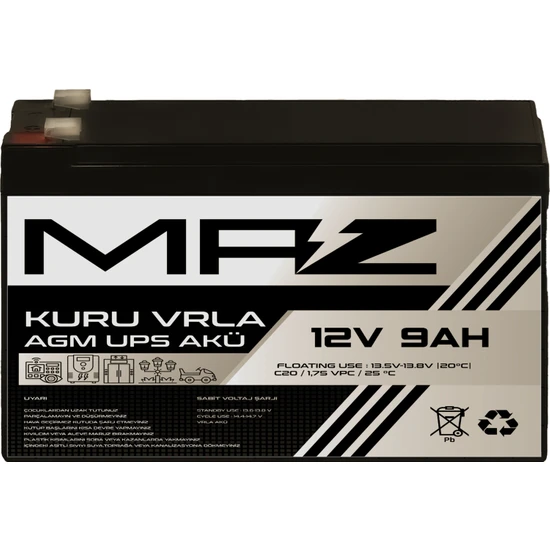 Maz Akü 12 Volt 9 Amper (Ah) Kuru Agm Vrla Güç Kaynağı Ups Akü