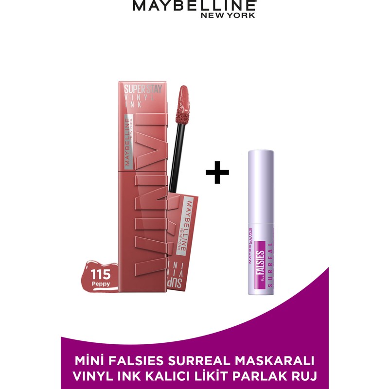 Maybelline New York Super Stay Vinyl Ink Uzun Süre Kalıcı Likit Parlak Ruj 115 Peppy Mini Surreal Maskara Hediyeli