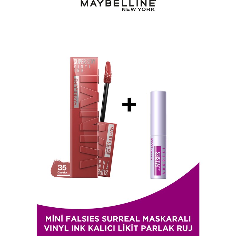 Maybelline New York Super Stay Vinyl Ink Uzun Süre Kalıcı Likit Parlak Ruj 35 Cheeky Mini Surreal Maskara Hediyeli