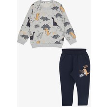Breeze Girls & Boys Erkek Bebek Eşofman Takımı Neşeli Hayvancıklar Desenli 9 Ay-3 Yaş, Gri Melanj