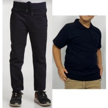 Mavimoure Çocuk Ribana Bel Keten Siyah Okul Pantolonu + Polo Yaka Kısa Kol T-Shirt