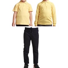 Mavimoure Unisex Çocuk Ribana Bel Keten Okul Pantolonu + Polo Yaka Kısa ve Uzun Kol T-Shirt
