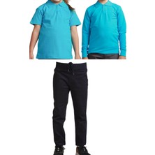 Mavimoure Unisex Çocuk Ribana Bel Keten Okul Pantolonu + Polo Yaka Kısa ve Uzun Kol T-Shirt