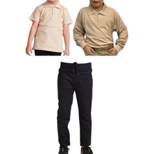 Mavimoure Unisex Çocuk Ribana Bel Keten Okul Pantolonu + Polo Yaka Kısa ve Uzun Kol T-Shirt