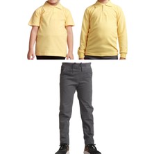 Mavimoure Unisex Çocuk Ribana Bel Keten Okul Pantolonu + Polo Yaka Kısa ve Uzun Kol T-Shirt
