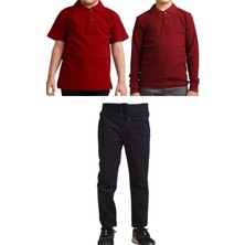 Mavimoure Unisex Çocuk Ribana Bel Keten Okul Pantolonu + Polo Yaka Kısa ve Uzun Kol T-Shirt