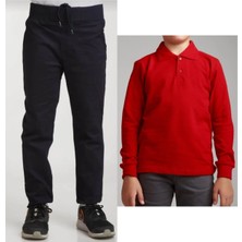 Mavimoure Unisex Çocuk Ribana Bel Keten Siyah Okul Pantolonu + Polo Yaka Uzun Kol T-Shirt