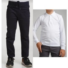 Mavimoure Unisex Çocuk Ribana Bel Keten Siyah Okul Pantolonu + Polo Yaka Uzun Kol T-Shirt