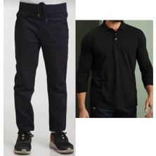 Mavimoure Unisex Çocuk Ribana Bel Keten Siyah Okul Pantolonu + Polo Yaka Uzun Kol T-Shirt