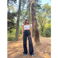 Arzu Emiroğlu Wide Leg Yüksek Bel Füme  Taşlanmış Denim  Pantolon