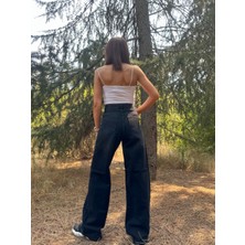 Arzu Emiroğlu Wide Leg Yüksek Bel Füme  Taşlanmış Denim  Pantolon