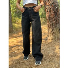 Arzu Emiroğlu Wide Leg Yüksek Bel Füme  Taşlanmış Denim  Pantolon