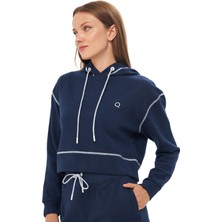 Qmari Lacivert Karyoka Dikişli Kadın Oversize Kapşonlu Sweatshirt | Yumuşacık Selanik | Nakışlı Beyaz Q Logo HOD5051