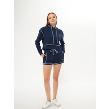 Qmari Lacivert Karyoka Dikişli Kadın Oversize Kapşonlu Sweatshirt | Yumuşacık Selanik | Nakışlı Beyaz Q Logo HOD5051