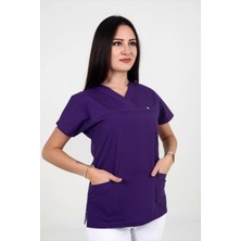 Deniz İş Kadın Terrycotton Yarasakol Mor Renk Scrubs Teküst