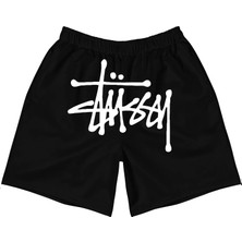 Leox Wear Stussy Kırmızı, Beyaz, Mor Baskılı Unisex Siyah Şort