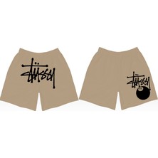 Leox Wear Stussy Siyah Baskılı Bej Unisex Şort