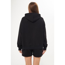 Qmari Siyah Oversize 3iplik Kapüşonlu Fermuarlı Lacivert Kadın Sweatshirt - Nervür Dikişli - Nakışlı Q Logo HOD5052