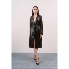 Livanomi Siyah Kemerli Deri Trençkot