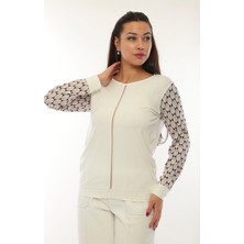 Sistas Kadın Bisiklet Yaka Desenli Uzun Kol Bluz 3314 Ekru