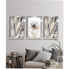 AVM19 Beyaz Çiçekli Pleksi Tablo 3lü MDF Malzemeden Dekoratif 120x60 cm Boyutlarında